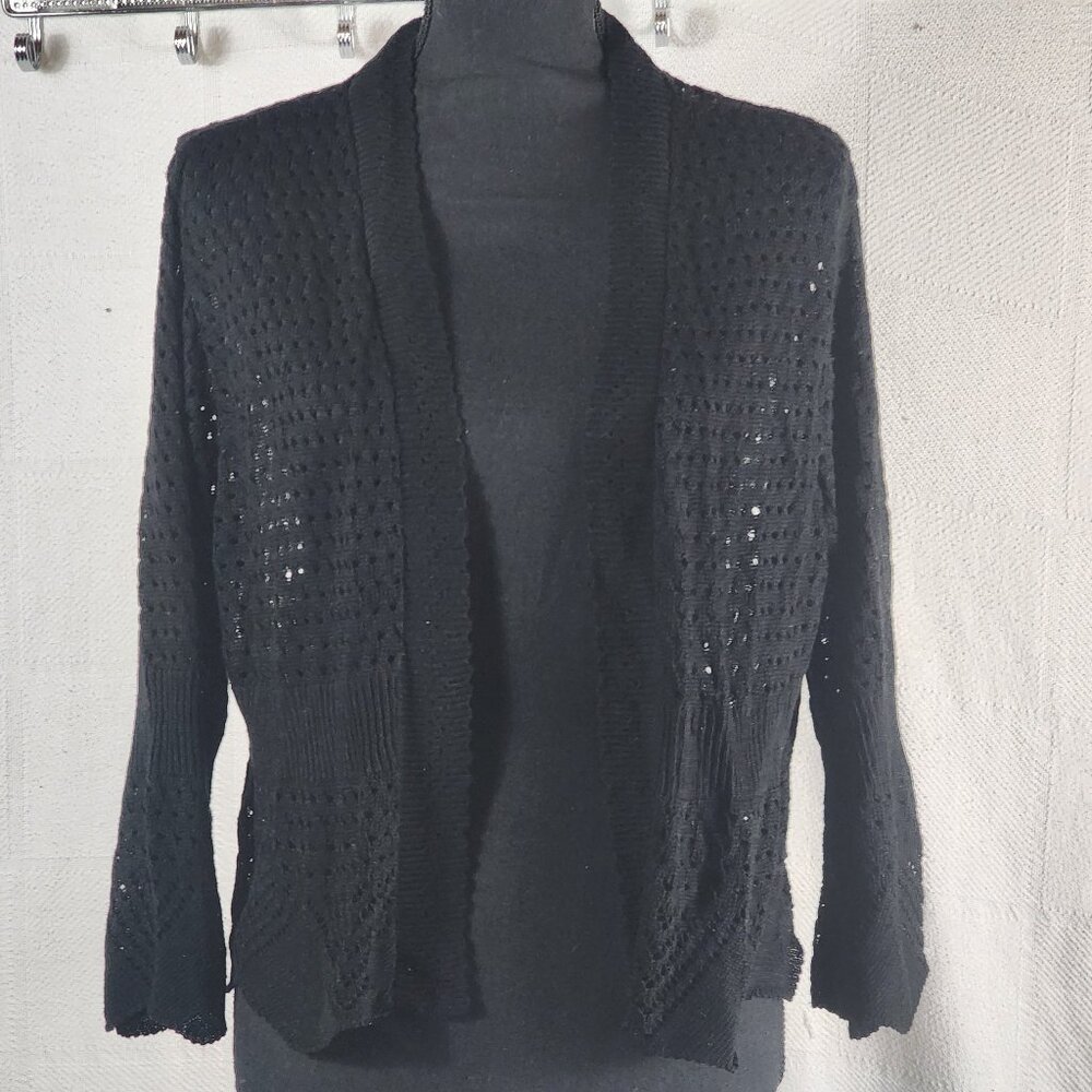 Sweet Kizz Black Open Front Open Weave Bell Sleeve Acrylic Knit Shrug Size 3X